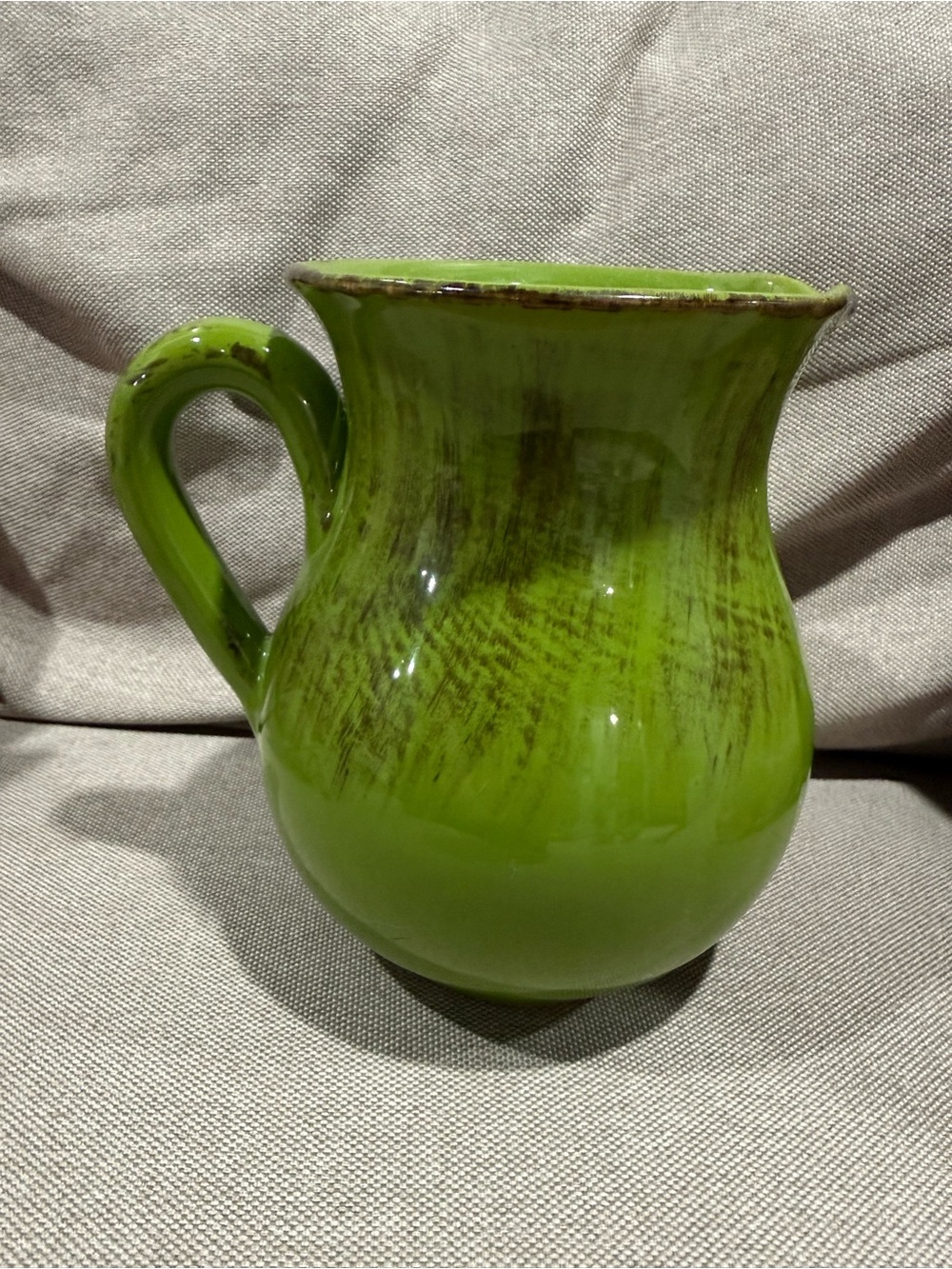 Italy Green Ceramic Pitcher Vase - Stylish Home Art Accent, tiny chip near spout